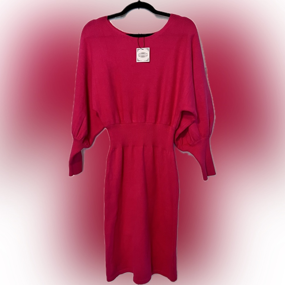 New Chic High Waist Lantern Sleeve Knit Sweater Dress Hot Pink
